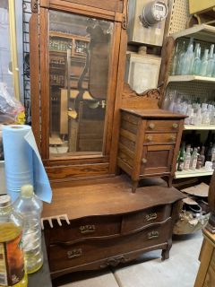 Antique Large Oak Dresser with Long Large Mirror